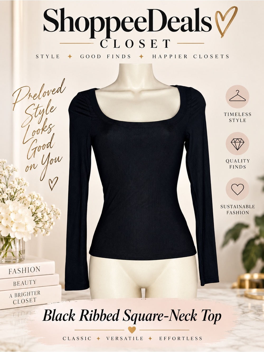 Princess Polly Black Ribbed Square Neck Long Sleeve Top Size US 2